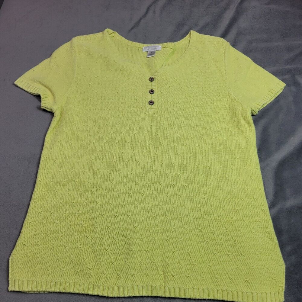 Christopher & Banks Top Women Size Medium Green Wooden Henley Shirt Ramie Cotton